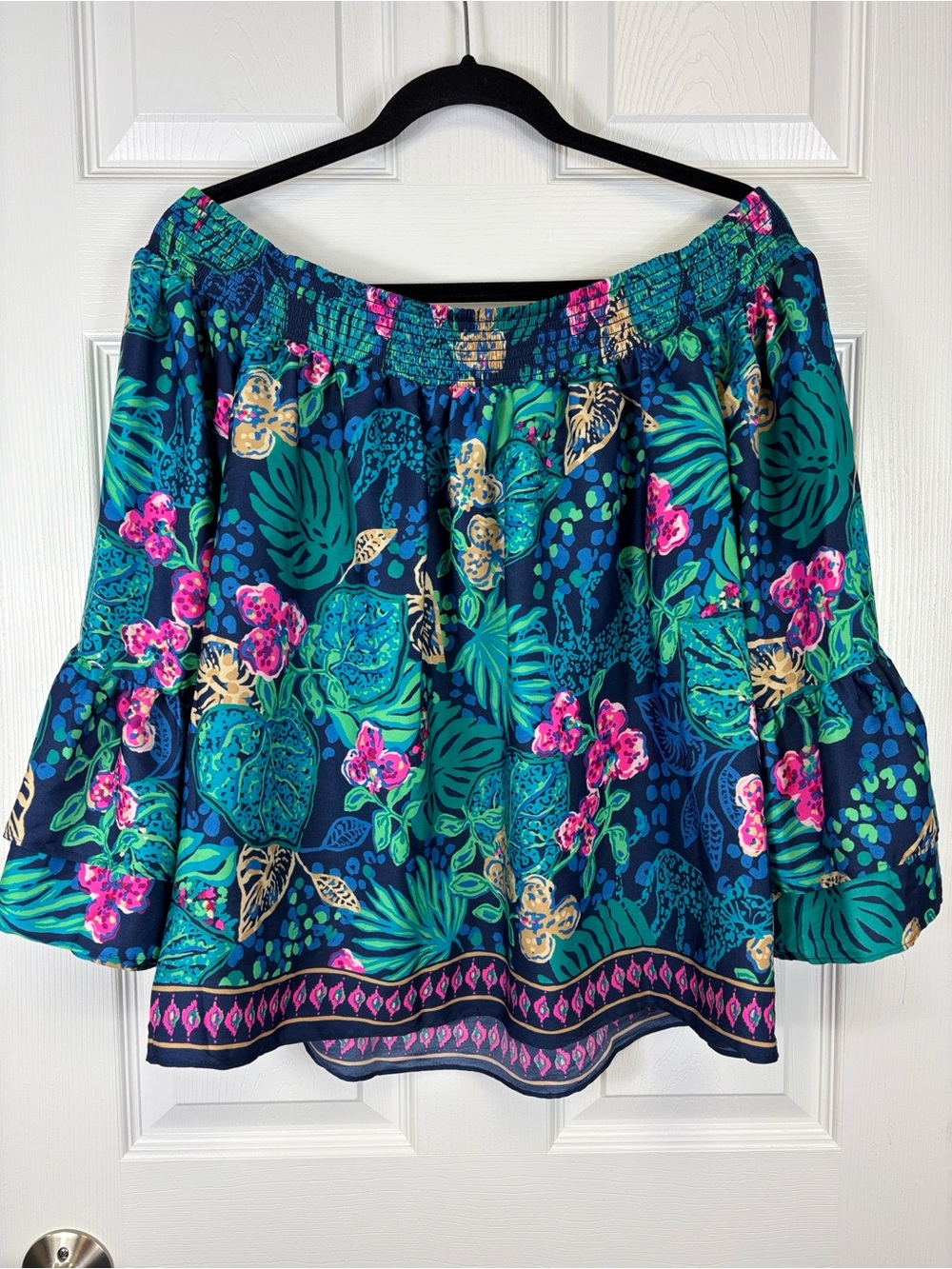 Lilly Pulitzer Kaori off the shoulder top low tide navy life of the party sz lg - Picture 10 of 10